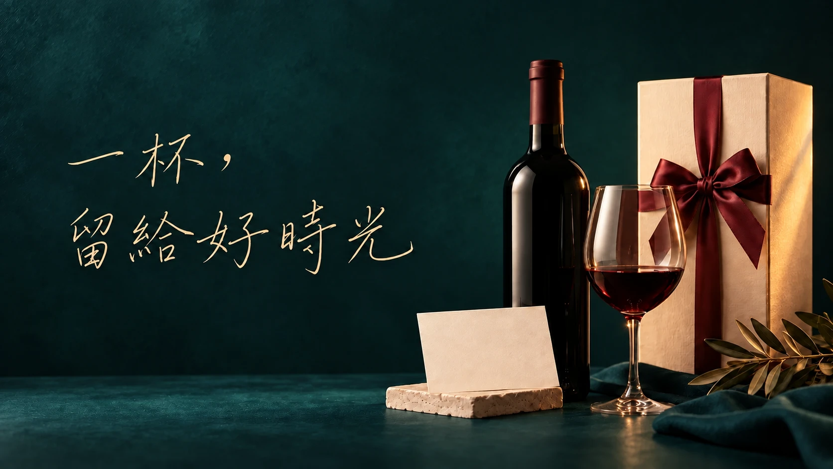 淡霧金手寫「一杯，留給好時光」與深青綠背景的酒款禮盒情境視覺
